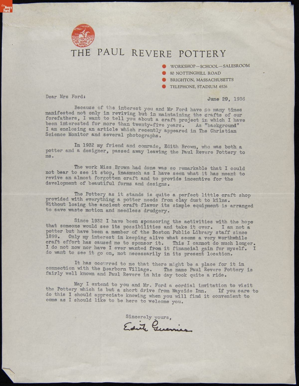 Correspondence between Edith Guerrier, R.J. Sennott, and Frank Campsall regarding the Paul Revere Pottery, 1936-1937