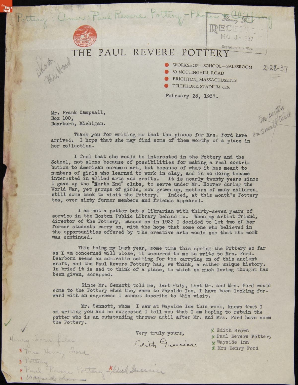 Correspondence between Edith Guerrier, Frank Campsall, R.J. Sennott, and Rosamond Coolidge regarding the Paul Revere Pottery, 1937-1942