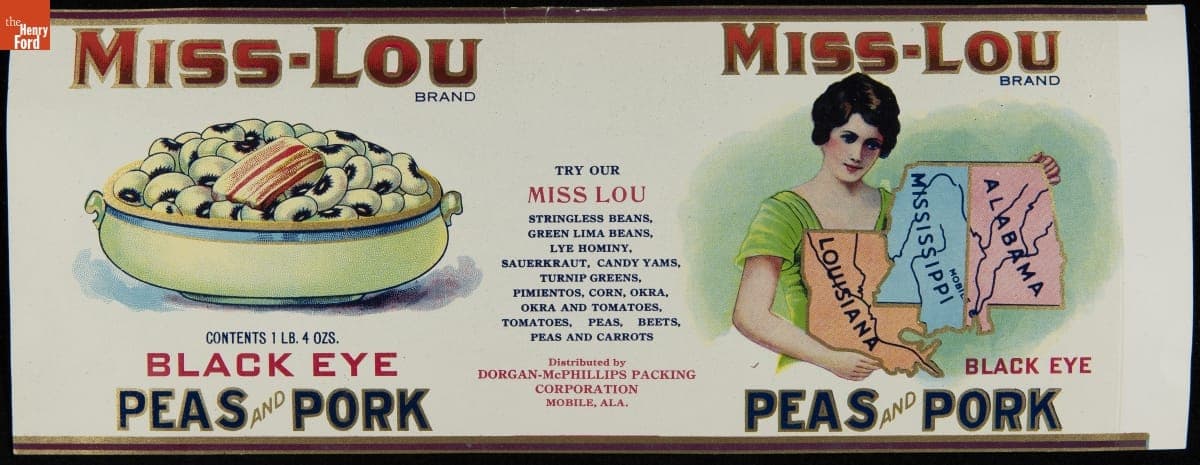 Can Label for Miss-Lou Brand Black Eye Peas and Pork, 1930-1939