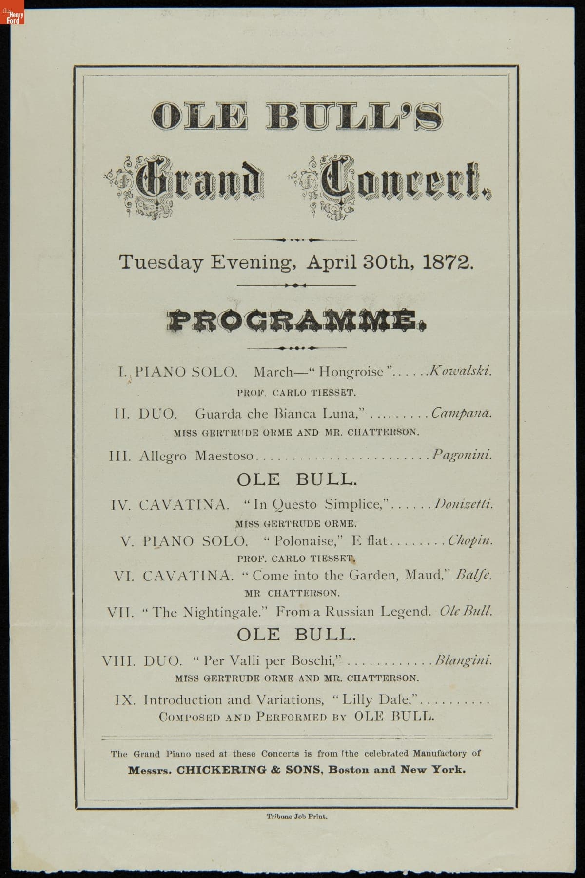 Program, "Ole Bull's Grand Concert," April 30, 1872