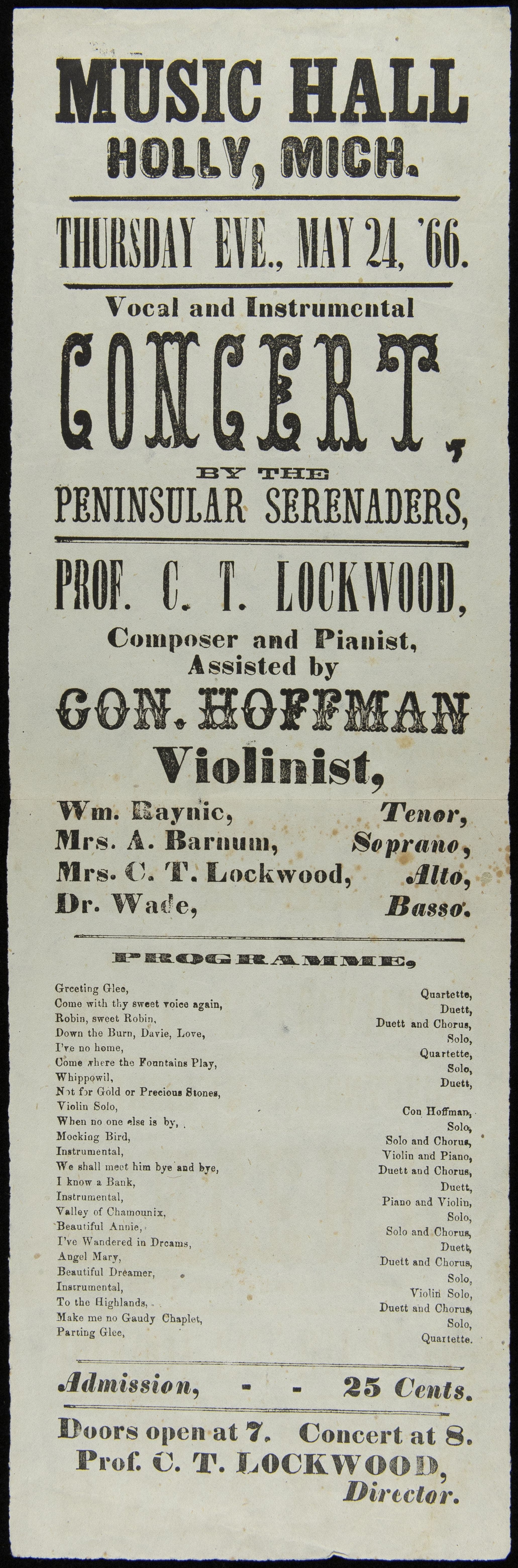Program, "Vocal and Instrumental Concert by the Peninsular Serenaders," Music Hall, Holly, Michigan, May 24, 1866
