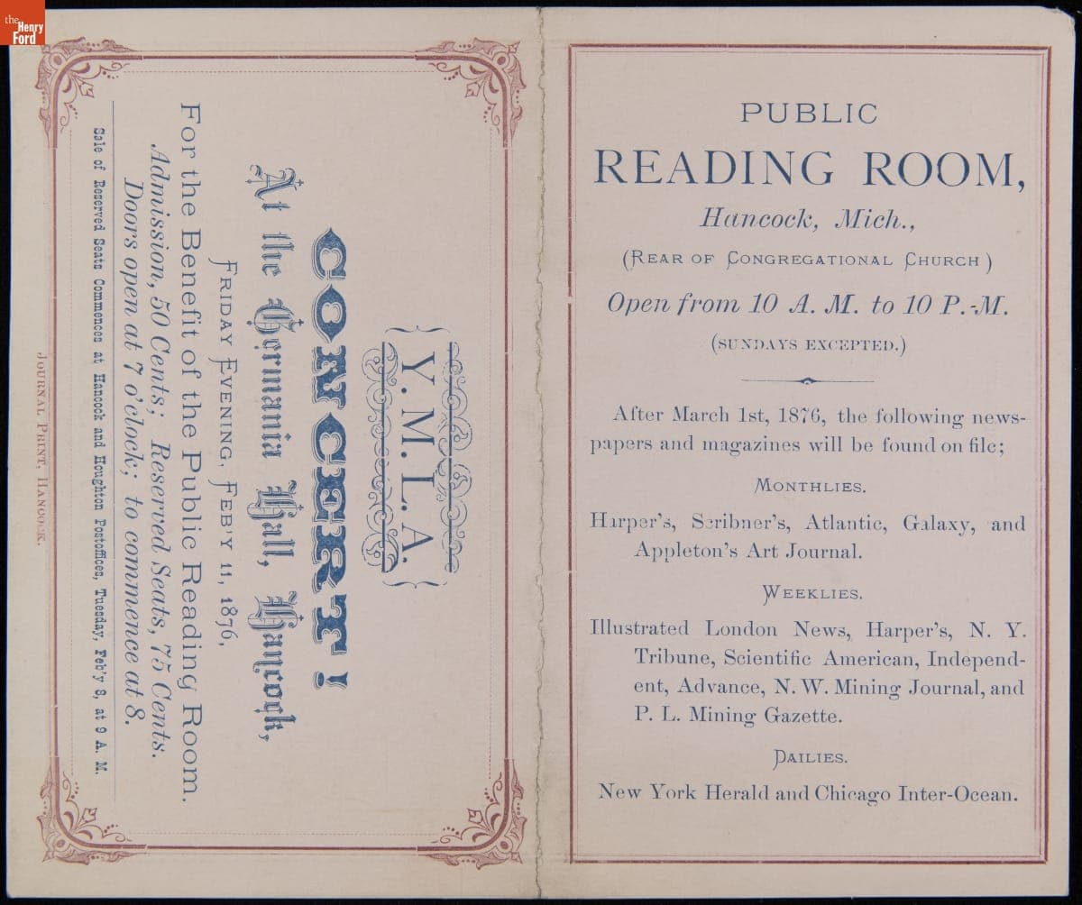 Program, "Concert! For the Benefit of the Public Reading Room," Germania Hall, Hancock, Michigan, February 11, 1876