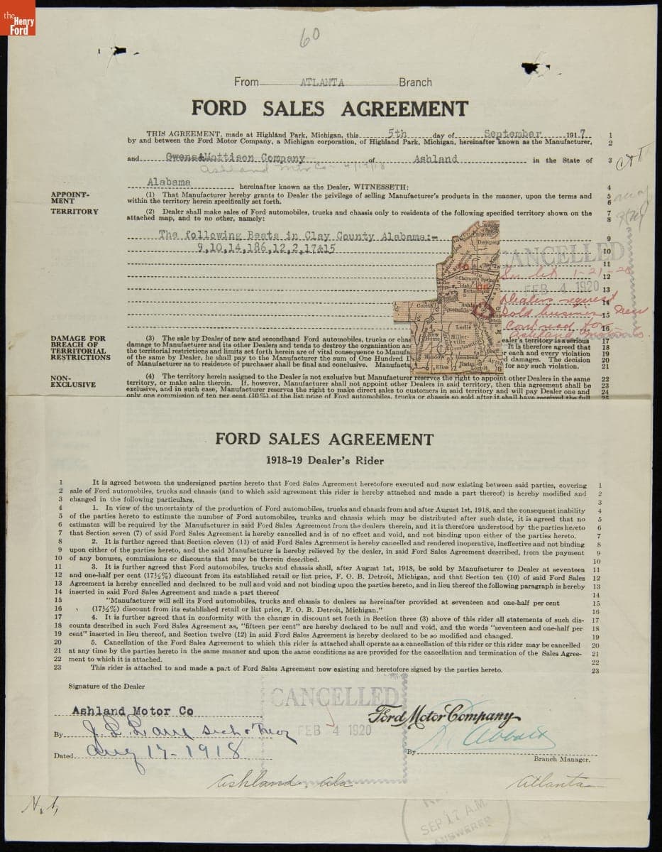Cancelled Ford Sales Agreement for Ashland Motor Company, Ashland, Alabama, February 4, 1920