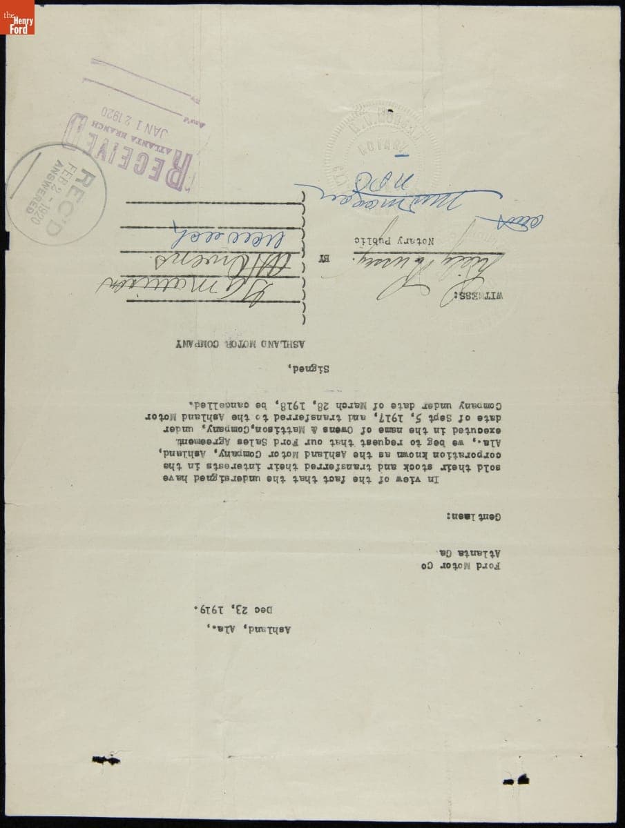 Letter to Ford Motor Company Requesting Cancellation of Ashland Motor Company Contract, Ashland, Alabama, February 2, 1920