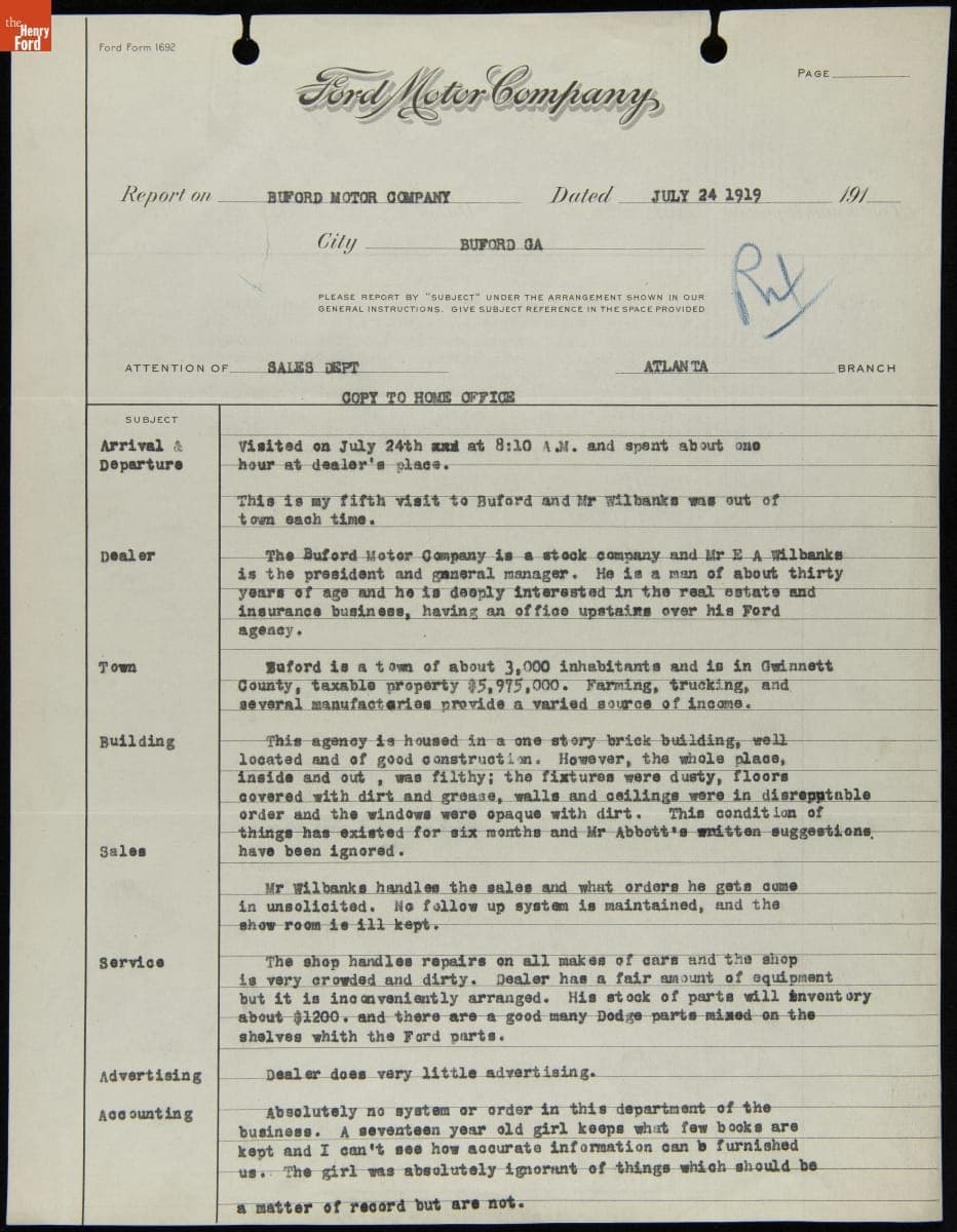 Manager Report of Buford Motor Company, Buford, Georgia, July 24, 1919