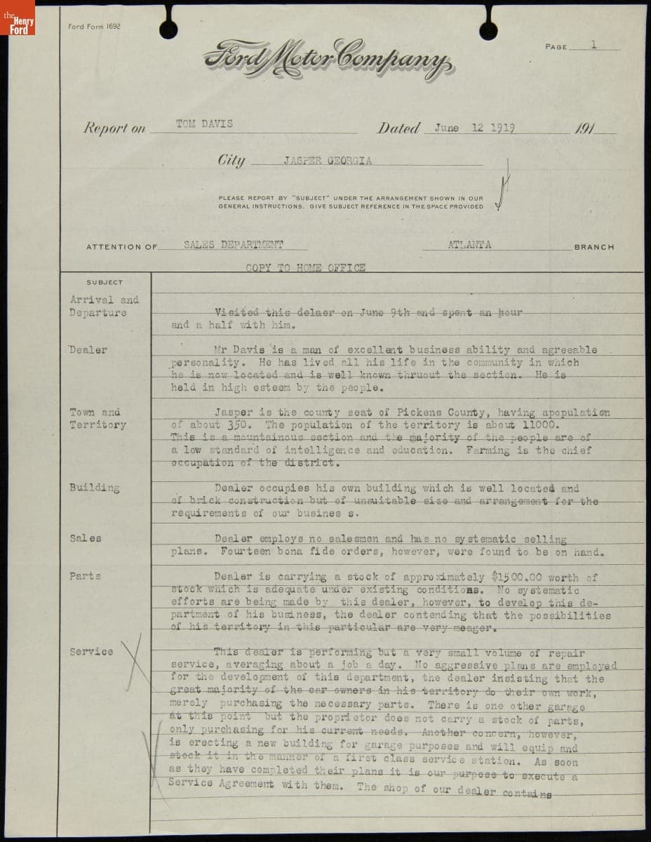 Manager Report on Tom Davis, Jasper, Georgia, June 12, 1919