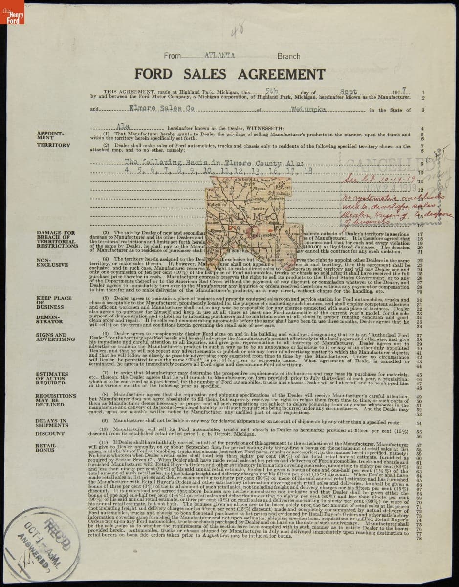 Cancelled Ford Sales Agreement for Elmore Sales Company, Wetumpka, Alabama, November 24, 1919