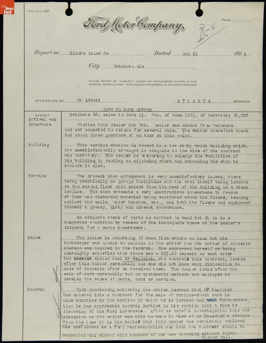 Manager Report Recommending the Cancellation of Elmore Sales Company Contract, Wetumpka, Alabama, October 11, 1919