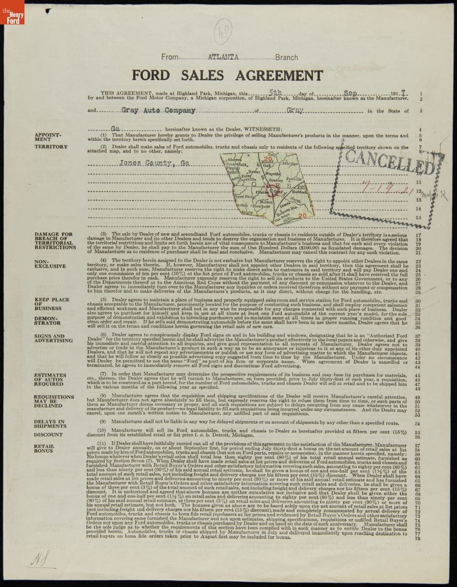 Cancelled Ford Sales Agreement for Gray Auto Company, Gray, Georgia, July 19, 1921