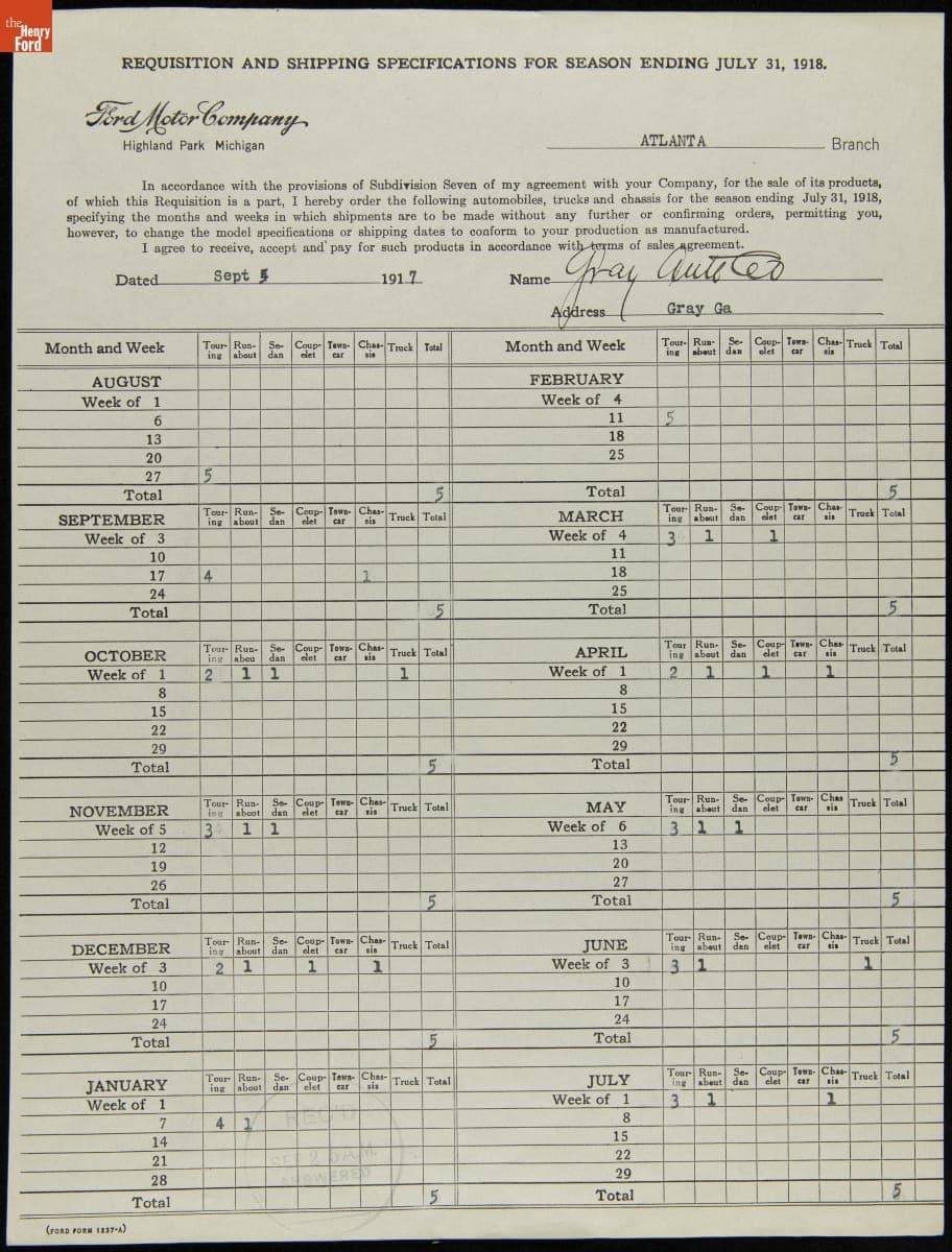 Requisition Form for Gray Auto Company, Gray, Georgia, September 5, 1917