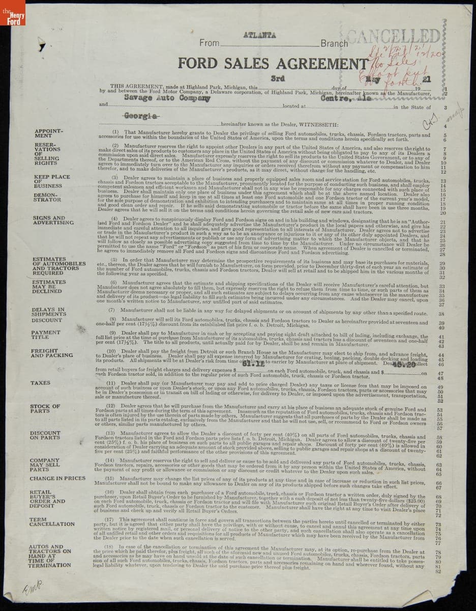 Cancelled Ford Sales Agreement for Savage Auto Company, Centre, Alabama, December 27, 1921