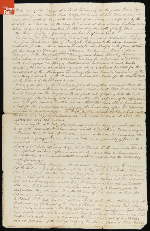 Aaron Greeley's Deposition following Ship Capture at Brownstown, Michigan, July 29, 1812