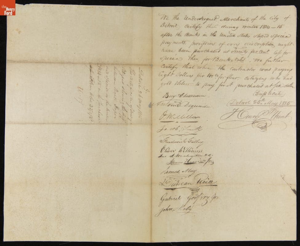 Complaint Filed by Detroit Merchants regarding the Value of Bank Notes and Specie during Winter 1814-1815