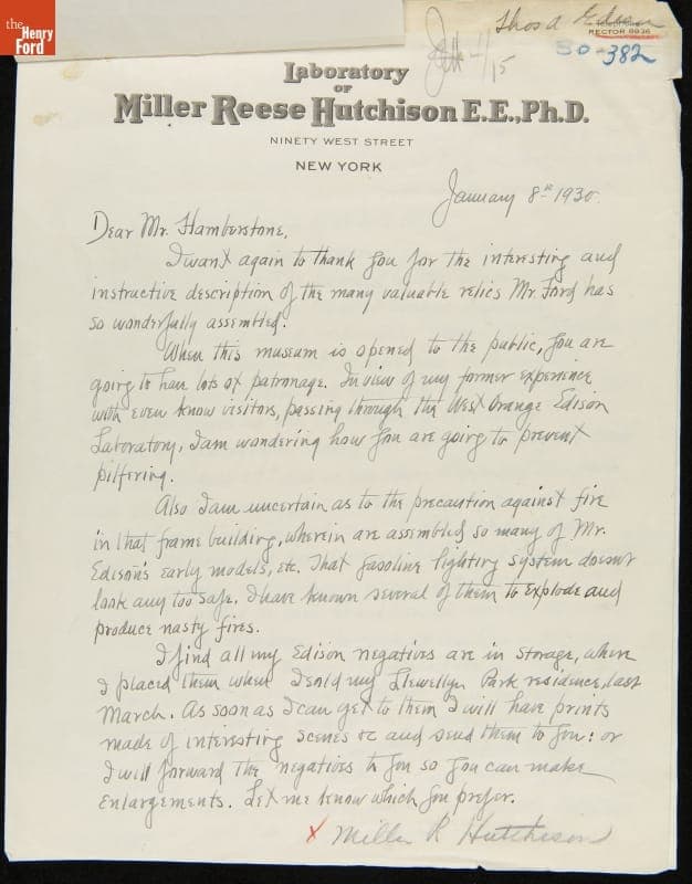 Letter from Miller Reese Hutchison regarding Donating Thomas Edison Time Cards to Henry Ford Museum, January 8, 1930