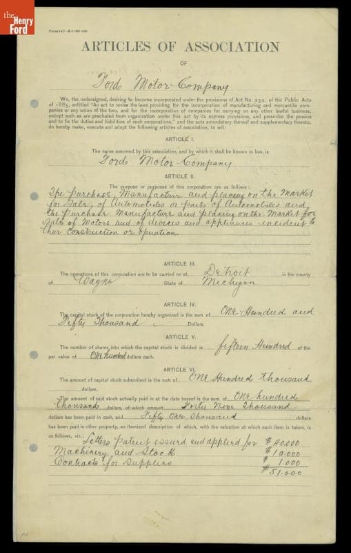 Ford Motor Company Articles of Association, June 16, 1903