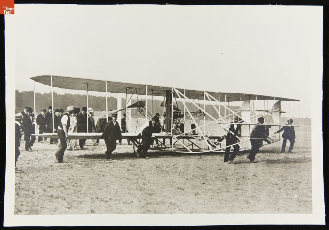 Wheeling the Wright Airplane to the Starting Derrick, Preparing for a Flight, Tempelhof, Germany, 1909