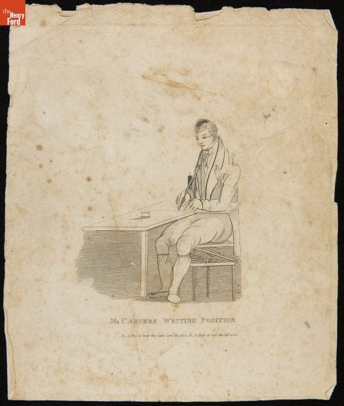 Engraving, "Mr. Carver's Writing Position," circa 1800
