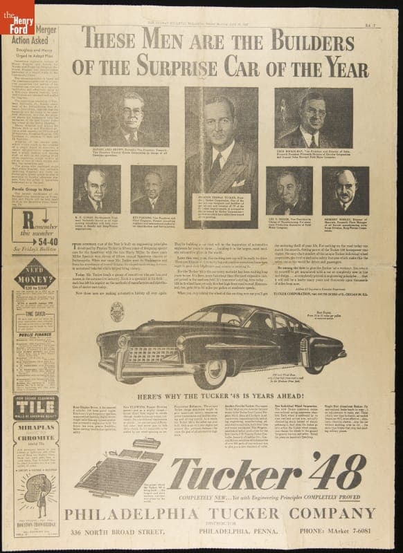 Section of The Sunday Bulletin, Philadelphia, from April 18, 1947, Showing 1948 Tucker Automobile Advertisement