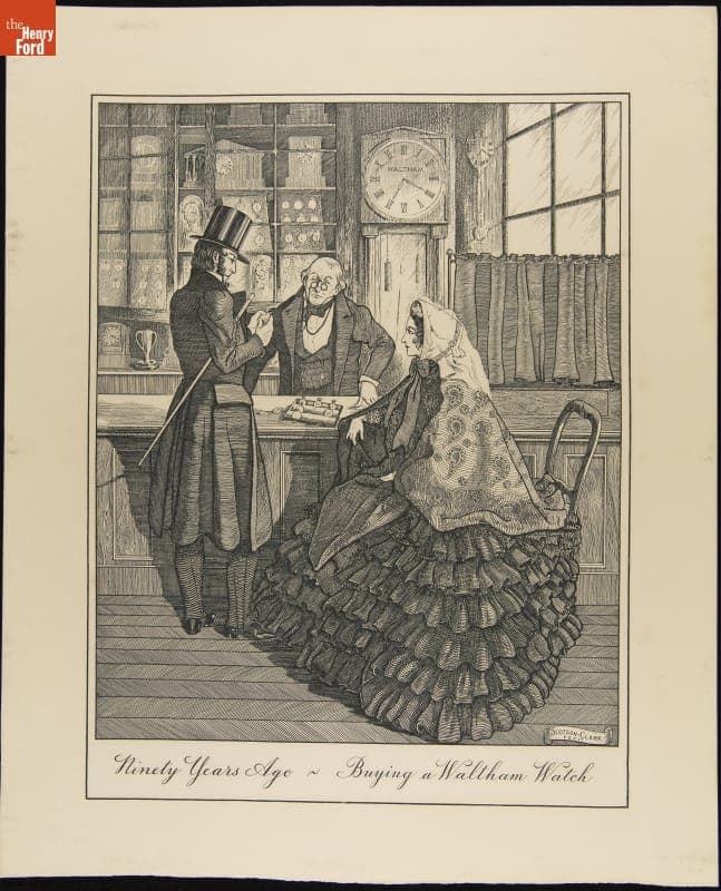 Engraving, "Ninety Years Ago - Buying a Watch," circa 1910