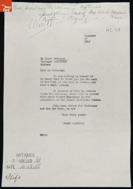 Letter from Frank Campsall to Isaac Scott Hathaway, Acknowledging His Gift to Henry Ford, December 17, 1945