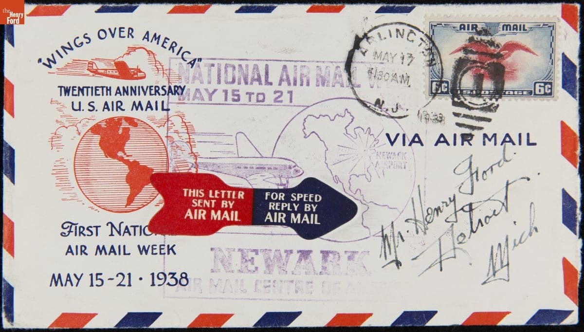 Envelope Sent by Air Mail to Henry Ford from Newark, New Jersey for National Air Mail Week, May 1938