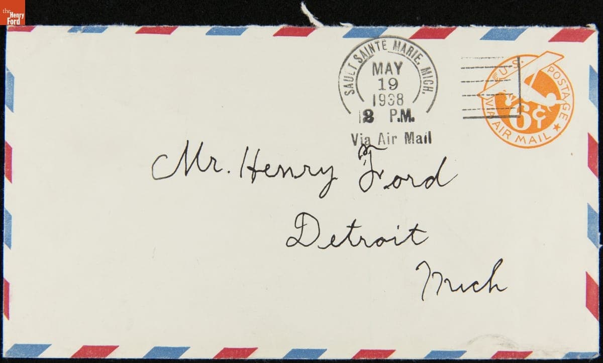 Envelope Sent by Air Mail to Henry Ford from Sault Sainte Marie, Michigan for National Air Mail Week, May 1938