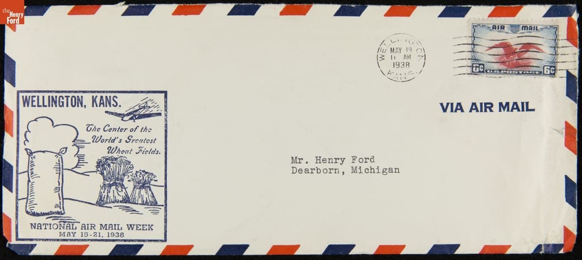 Envelope Sent by Air Mail to Henry Ford from Wellington, Kansas for National Air Mail Week, May 1938