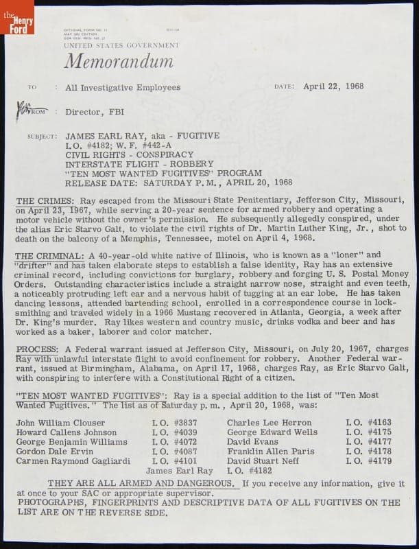FBI Director Memorandum to All Investigative Employees regarding James Earl Ray, Fugitive, April 22, 1968