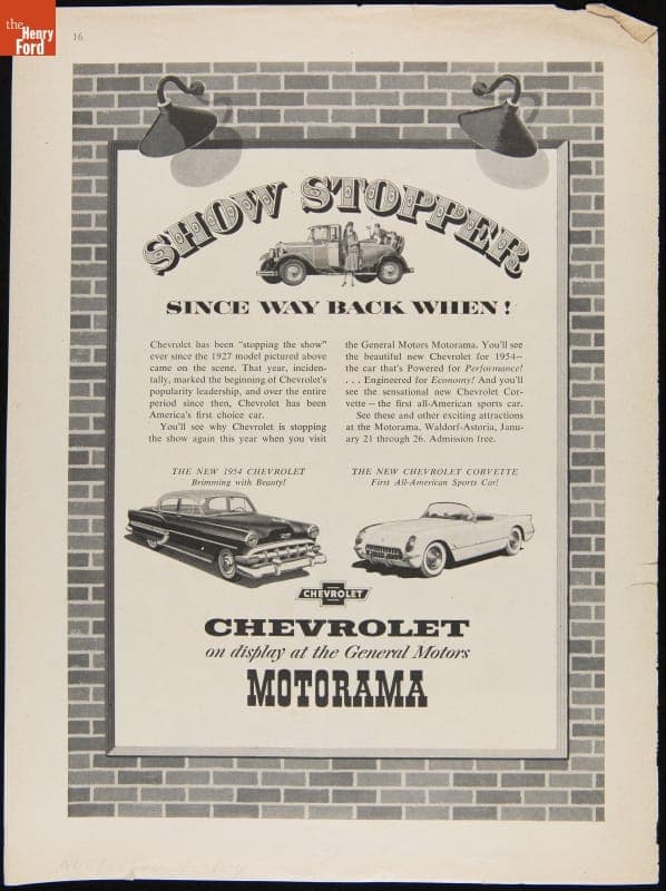 1954 Advertisement for General Motors Motorama and Chevrolet Cars, "Show Stopper Since Way Back When!"