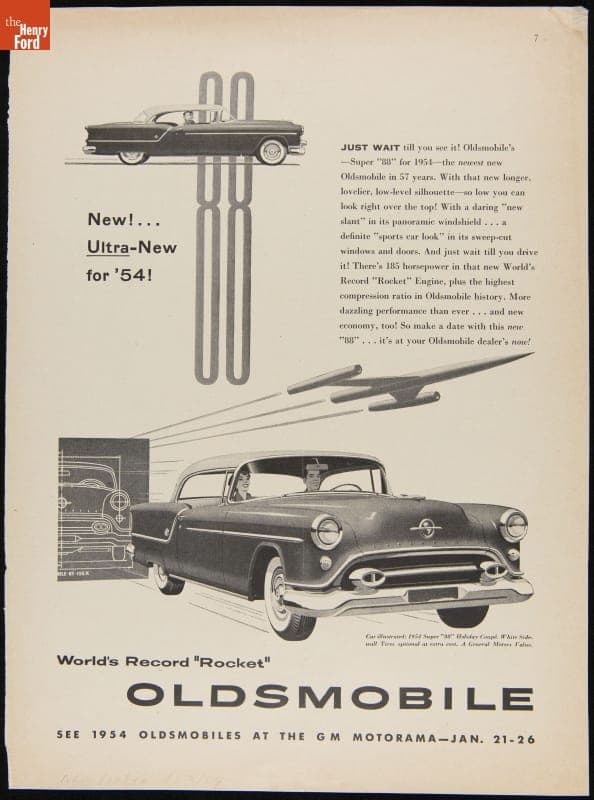 1954 General Motors Motorama Advertisement, "New!...Ultra-New 88 For '54...World's Record 'Rocket' Oldsmobile"