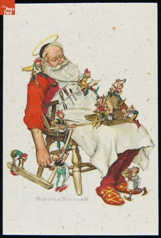 Christmas Card with 1948 Image of Norman Rockwell's "Santa and his Helpers," 1953