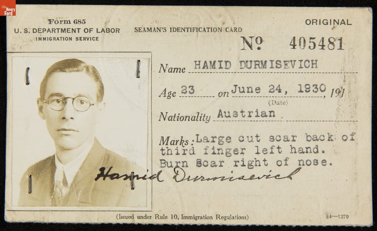 Seaman's Identification Card for Hamid Durmisevich, June 24 - August 13, 1930
