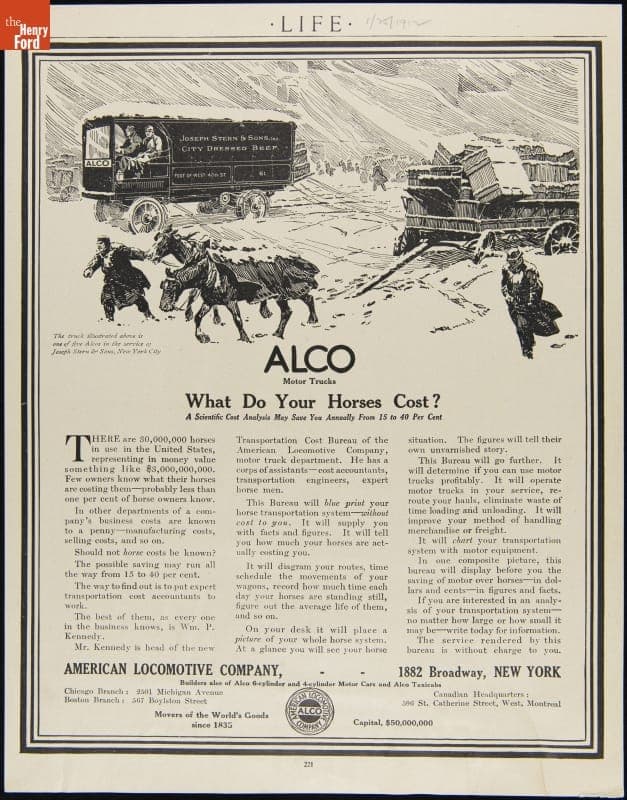 American Locomotive Company Advertisement, "ALCO Motor Trucks, What do Your Horses Cost?" January 25, 1912