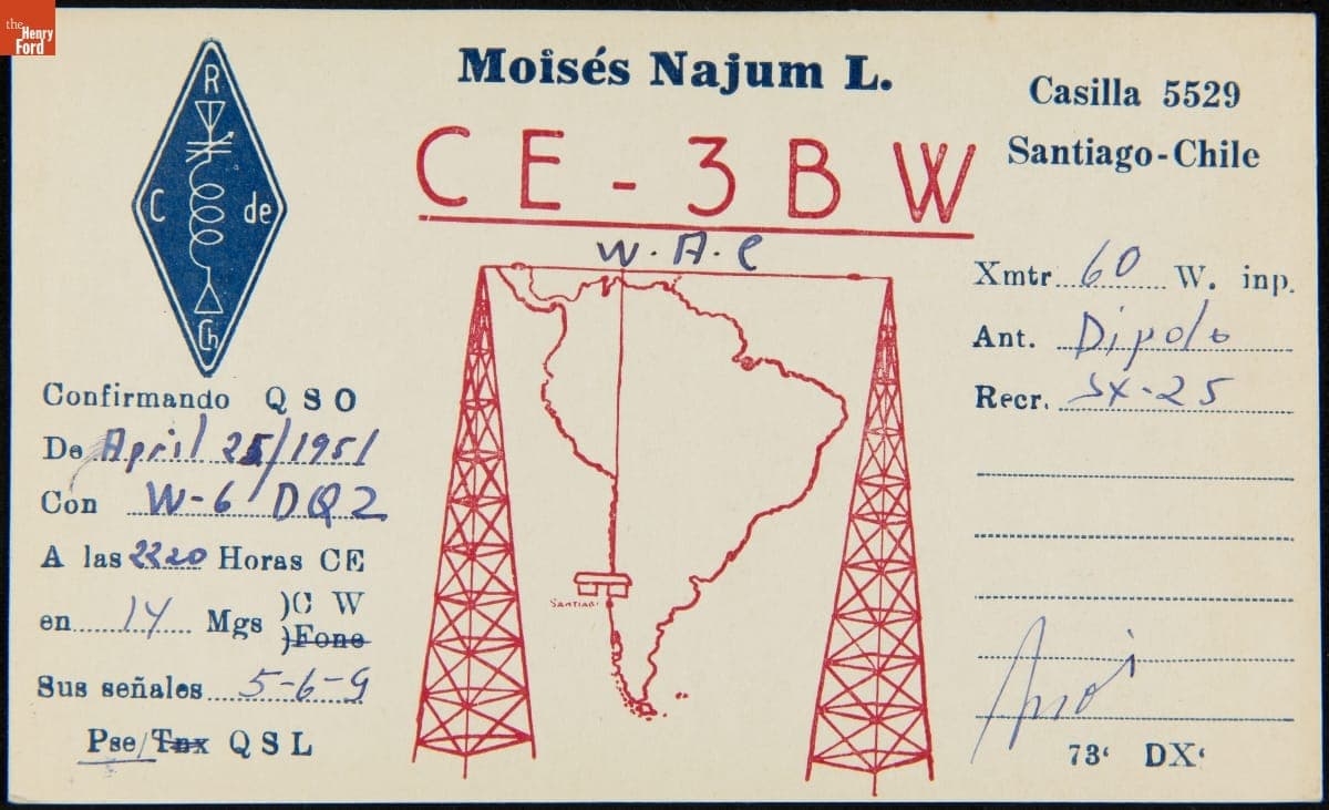 QSL Card from CE-3BW (Santiago, Chile) to W6DQZ (Hamid Durmisevich, Los Angeles, California), April 25, 1951