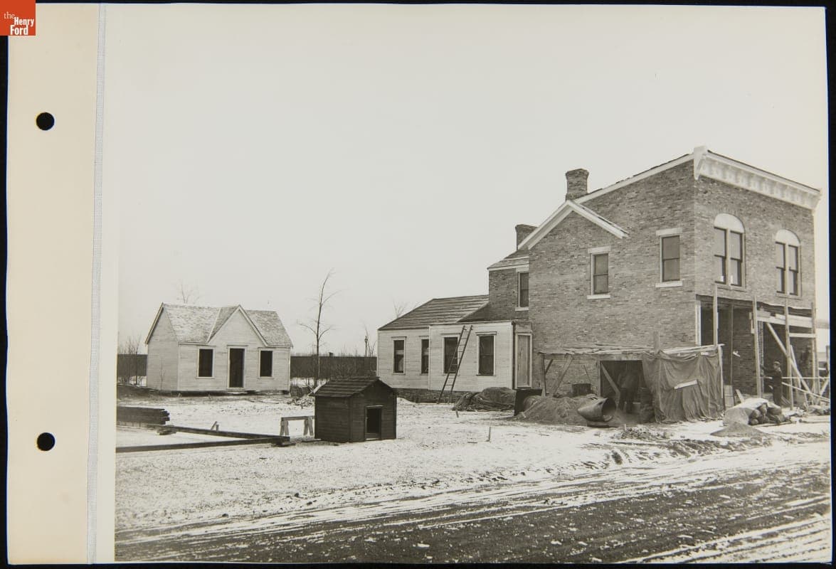 Constructing Wright Brothers Cycle Shop and Garden Shed in Greenfield Village after Relocation, February 25, 1937