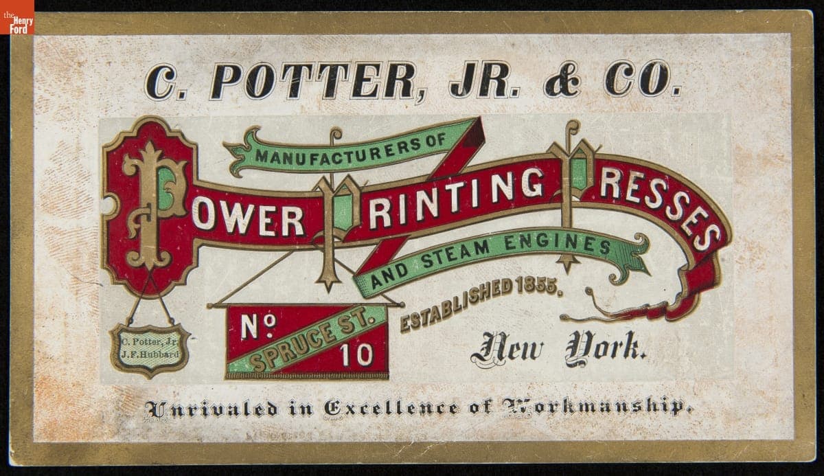 "C. Potter, Jr. & Co. Manufacturers of Power Printing Presses and Steam Engines," circa 1890