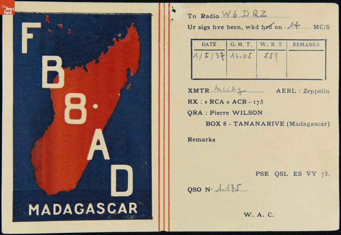 QSL Card from FB8AD (Tananarive, Madagascar) to W6DQZ (Hamid Durmisevich, Los Angeles, California), August 1,1937