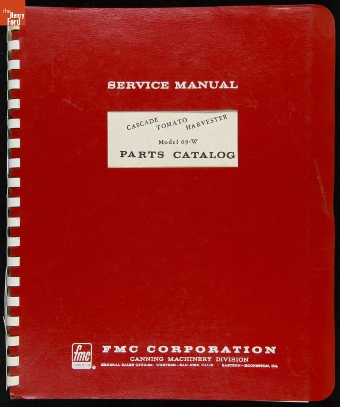Service Manual and Parts Catalog for FMC Corporation Model 69-W Cascade Tomato Harvester, 1969