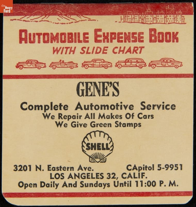 Gene's Complete Automotive Service Promotional Giveaway, "Automobile Expense Book with Slide Chart," 1945-1960