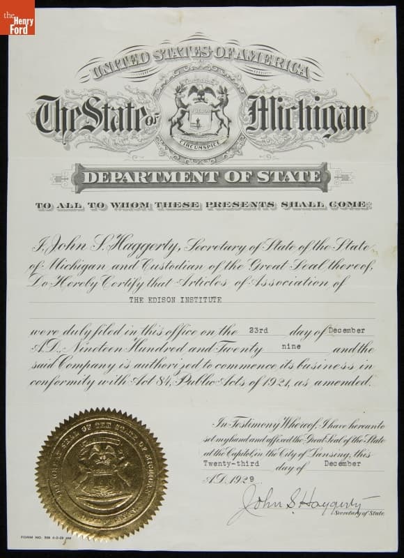 Certification of the Edison Institute Articles of Association by the Michigan Secretary of State, December 23, 1929