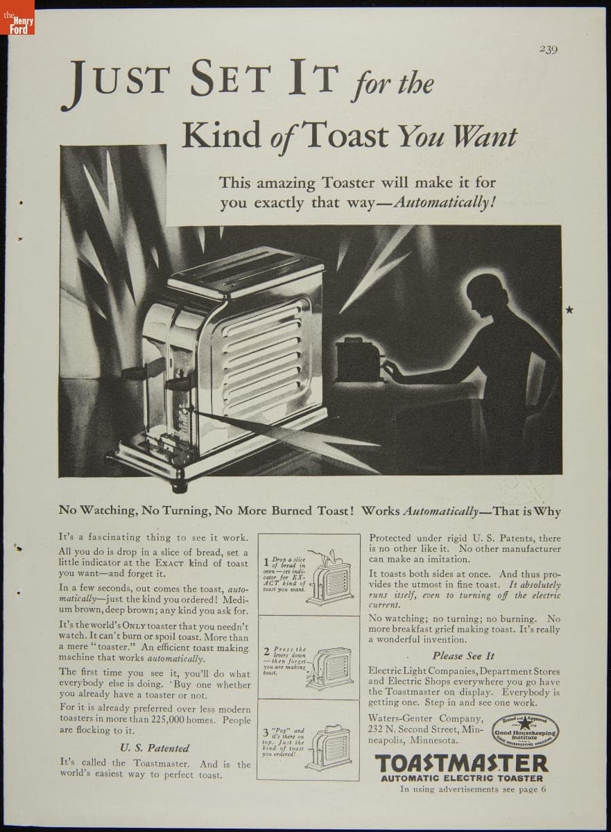 Advertisement for Toastmaster Toasters, "Just Set it for the Kind of Toast You Want," 1928