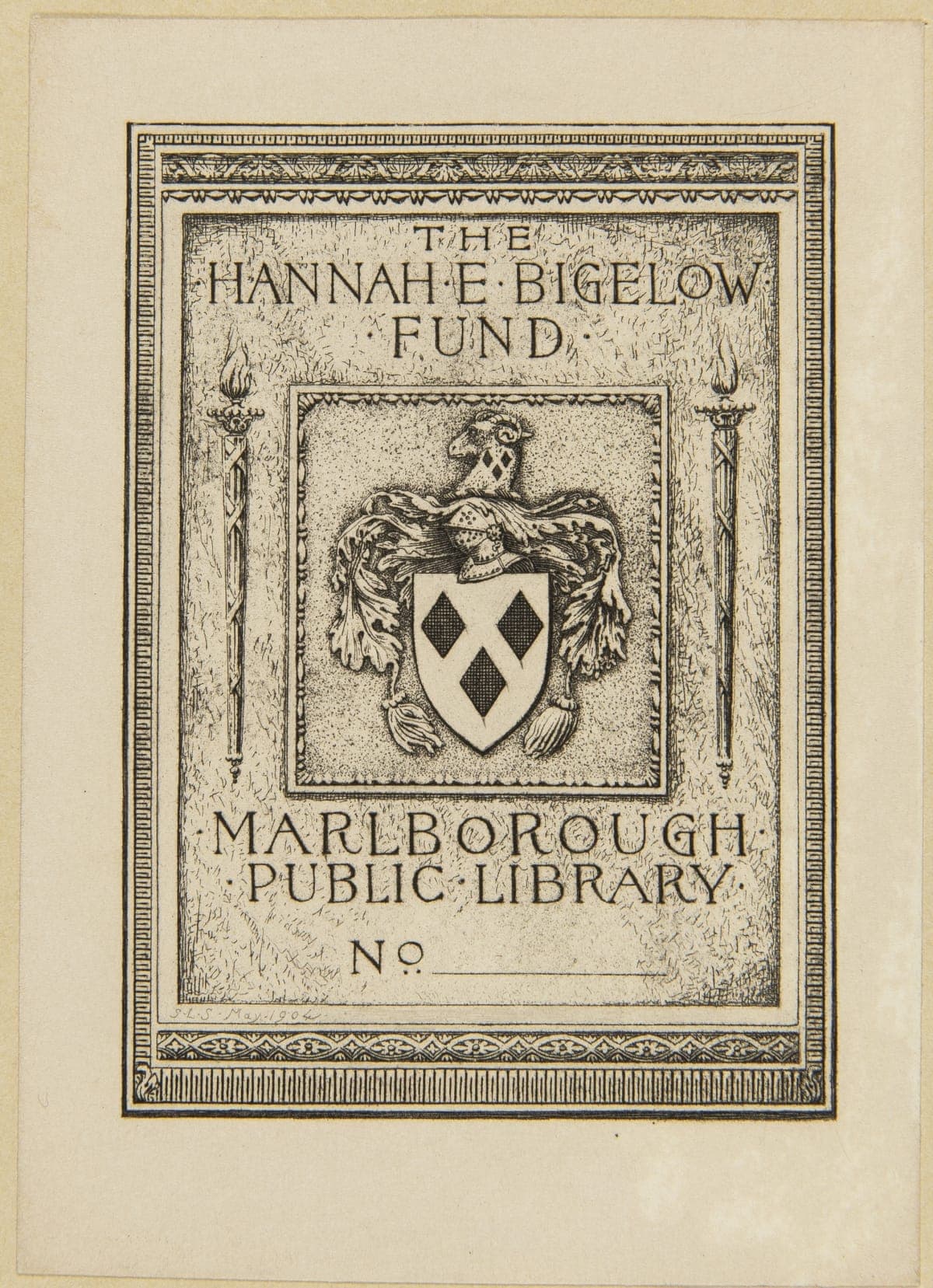 Bookplate for The Hannah E. Bigelow Fund, Marlborough Public Library, 1898