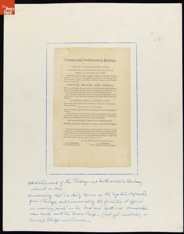 Chicago and Northwestern Railway Advertising Broadside, 1868