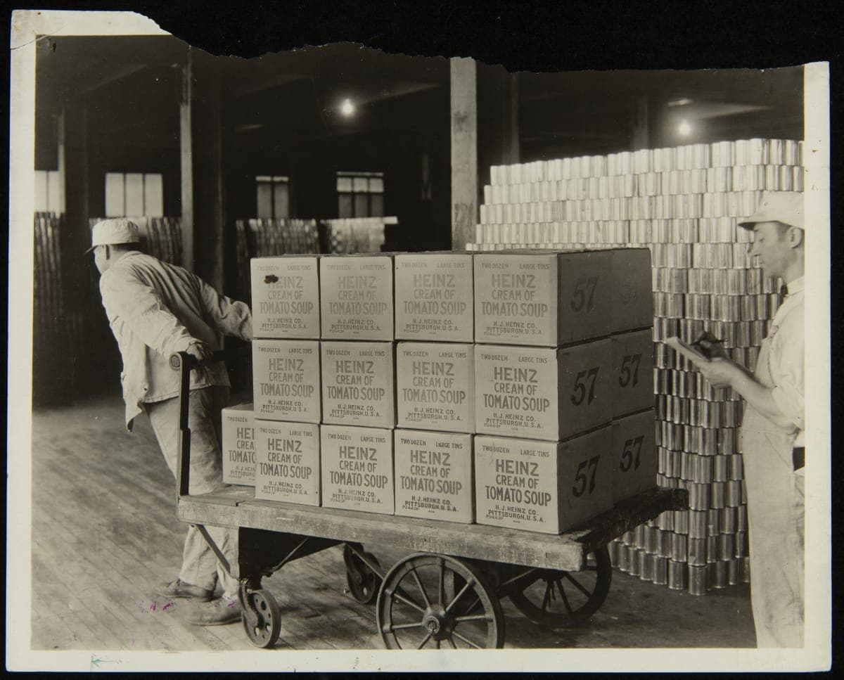 Employee Moving Boxes of H. J. Heinz Cream of Tomato Soup, Pittsburgh, Pennsylvania, circa 1920