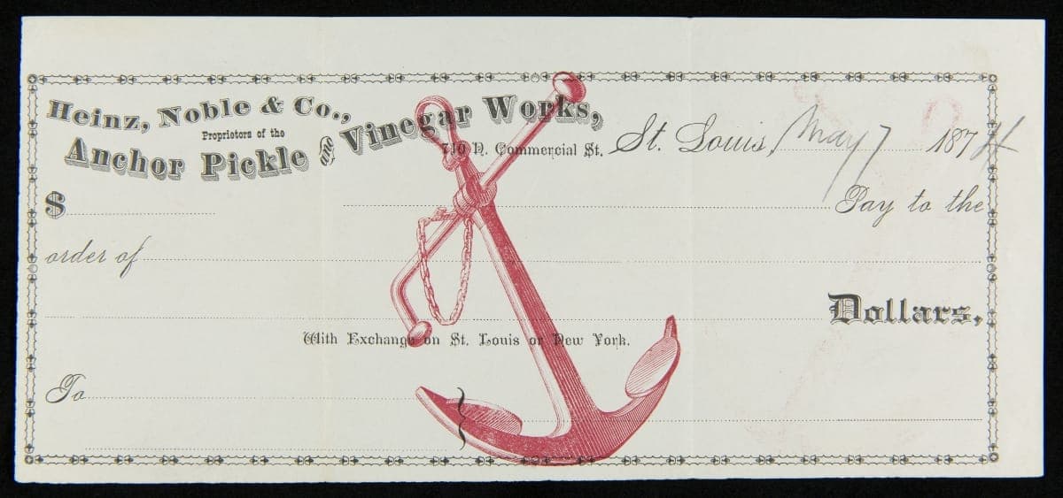 Blank Check from Heinz, Noble & Company, St. Louis, Missouri, May 7, 1874