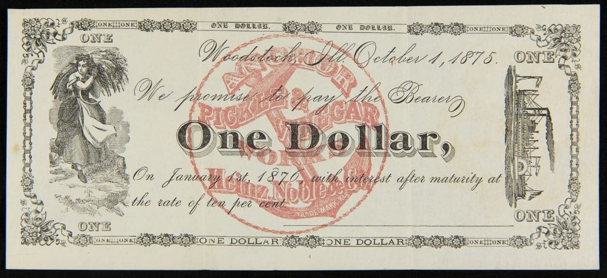 One Dollar Promissory Note from Heinz, Noble & Company, Woodstock, Illinois, Issued October 1, 1875