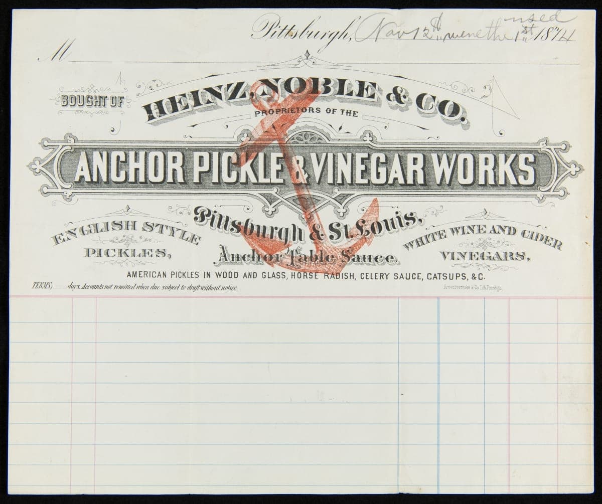Invoice from Heinz, Noble & Company, Pittsburgh, Pennsylvania, November 12, 1874