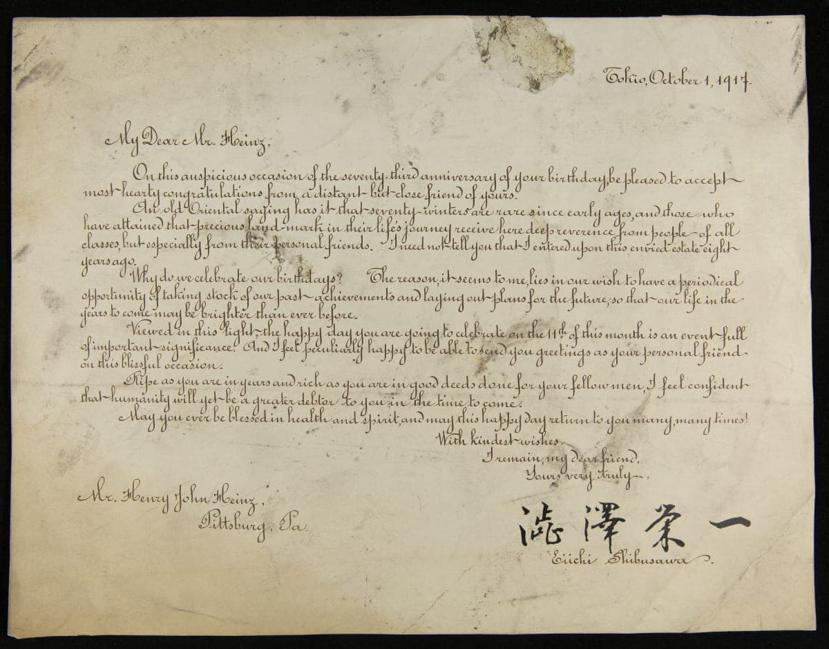 73rd Birthday Greetings to H. J. Heinz from Shibusawa Eiichi, Tokyo, Japan, October 1, 1917