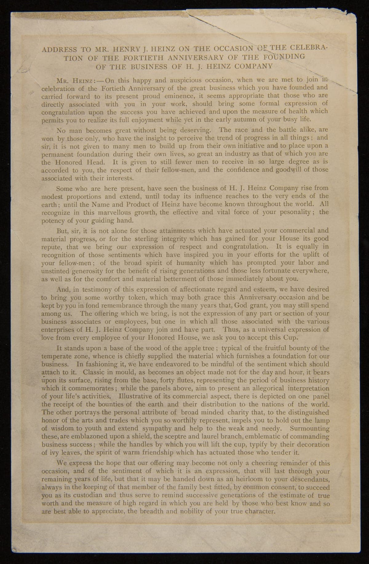Address to Mr. Henry J. Heinz on the 40th Anniversary of the Founding of H. J. Heinz Company, 1909