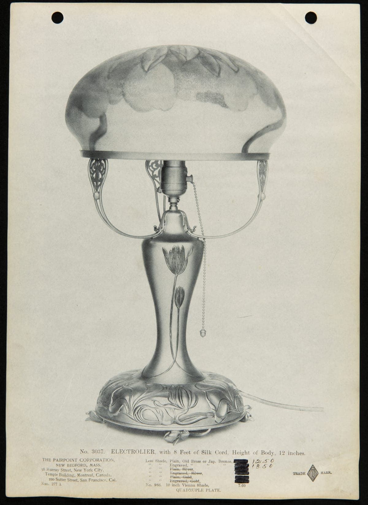 Trade Literature for Pairpoint Electrolier No. 3037, 1899-1907